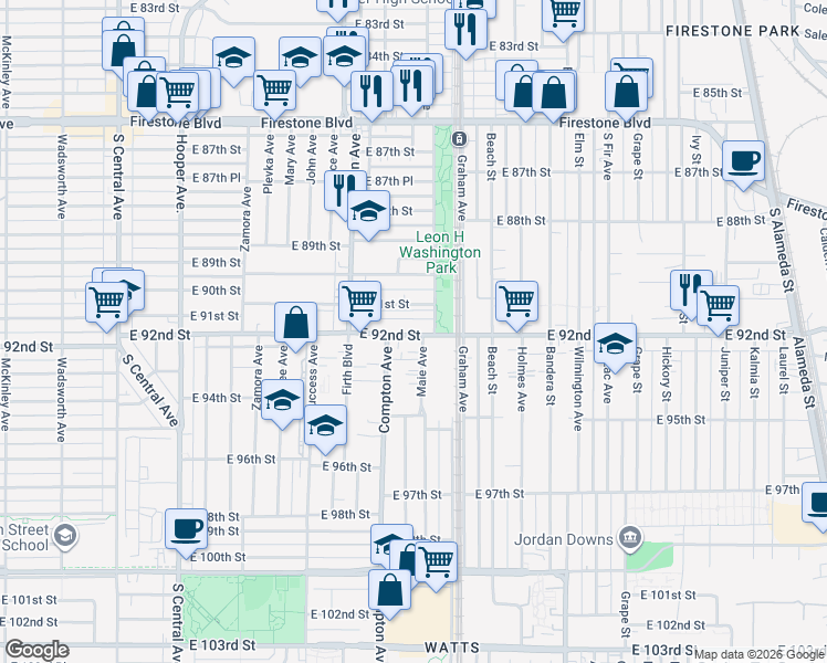 map of restaurants, bars, coffee shops, grocery stores, and more near 1629 East 91st Street in Los Angeles