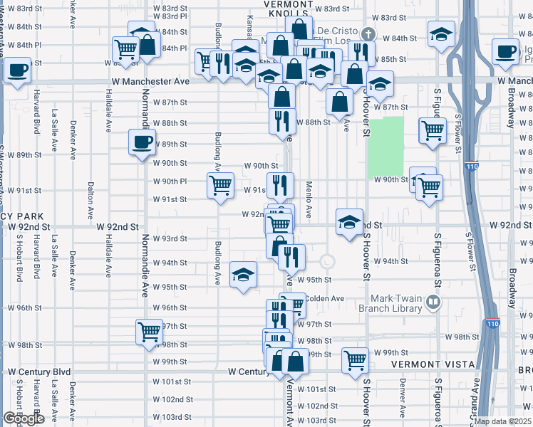 map of restaurants, bars, coffee shops, grocery stores, and more near 1026 West 91st Street in Los Angeles