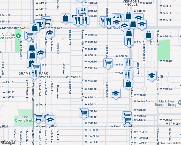 map of restaurants, bars, coffee shops, grocery stores, and more near 1324 West 91st Street in Los Angeles