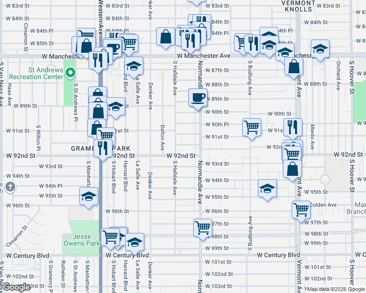 map of restaurants, bars, coffee shops, grocery stores, and more near 1448 West 91st Street in Los Angeles