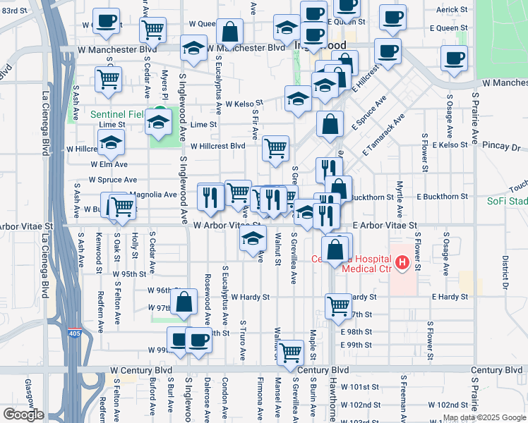 map of restaurants, bars, coffee shops, grocery stores, and more near 156 West Buckthorn Street in Inglewood