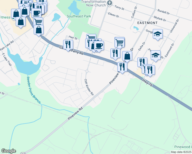 map of restaurants, bars, coffee shops, grocery stores, and more near 7821 Garners Ferry Road in Columbia