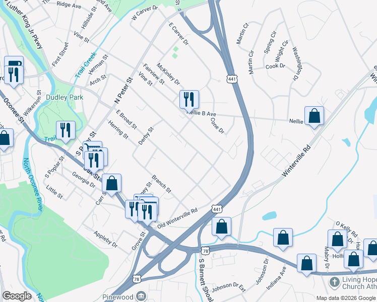 map of restaurants, bars, coffee shops, grocery stores, and more near 366 Arch Street in Athens