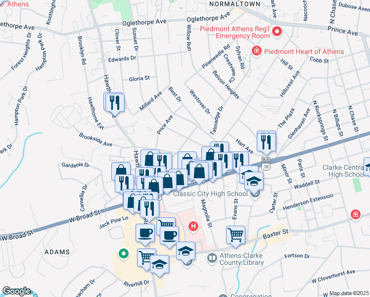 map of restaurants, bars, coffee shops, grocery stores, and more near 215 Sunset Drive in Athens