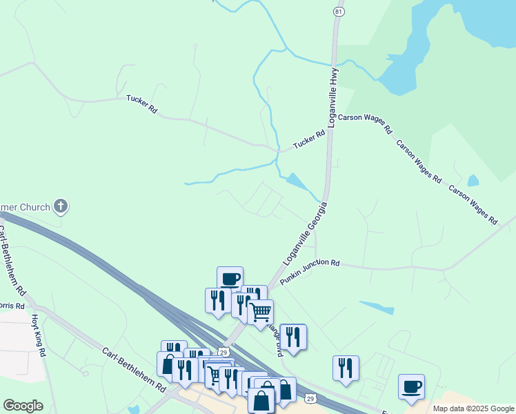 map of restaurants, bars, coffee shops, grocery stores, and more near 414 Tucker Road in Winder