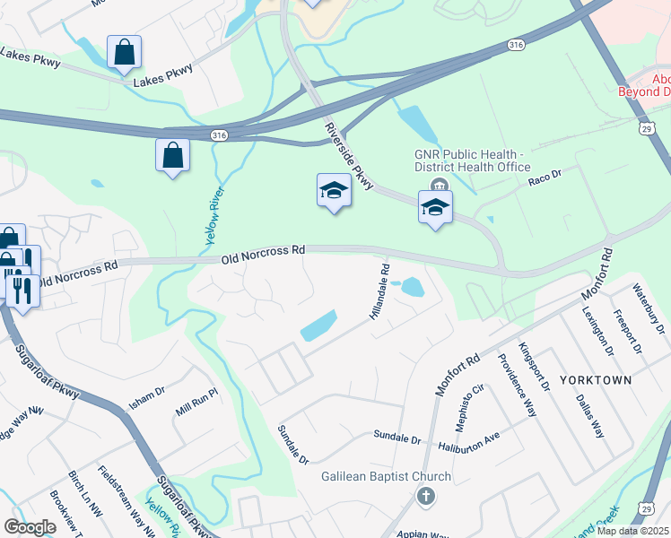 map of restaurants, bars, coffee shops, grocery stores, and more near 1300 Old Norcross Road in Lawrenceville