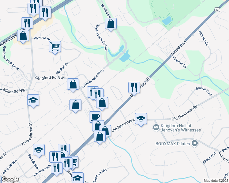 map of restaurants, bars, coffee shops, grocery stores, and more near 2957 Smith Ridge Trace in Peachtree Corners