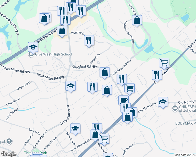 map of restaurants, bars, coffee shops, grocery stores, and more near 2923 Stanstead Circle in Norcross