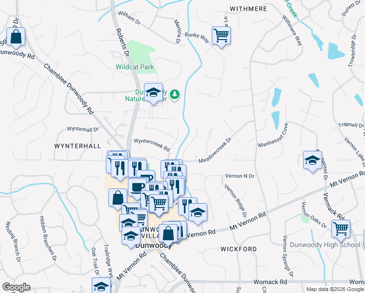 map of restaurants, bars, coffee shops, grocery stores, and more near 5268 Wyntercreek Way in Dunwoody