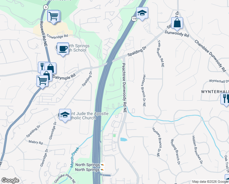 map of restaurants, bars, coffee shops, grocery stores, and more near 7261 Village Creek Trace in Atlanta