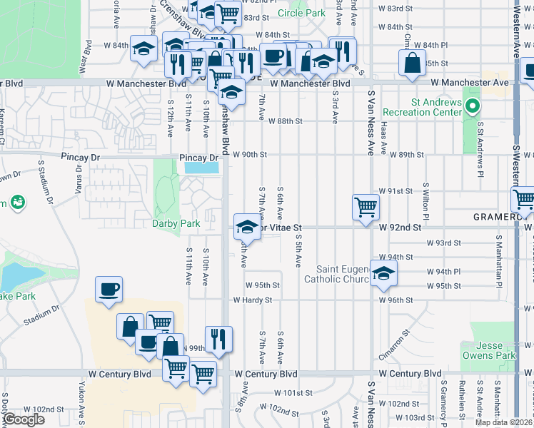 map of restaurants, bars, coffee shops, grocery stores, and more near 9201 South 7th Avenue in Inglewood