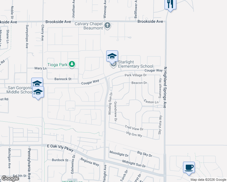 map of restaurants, bars, coffee shops, grocery stores, and more near 1578 Winding Sun Drive in Beaumont