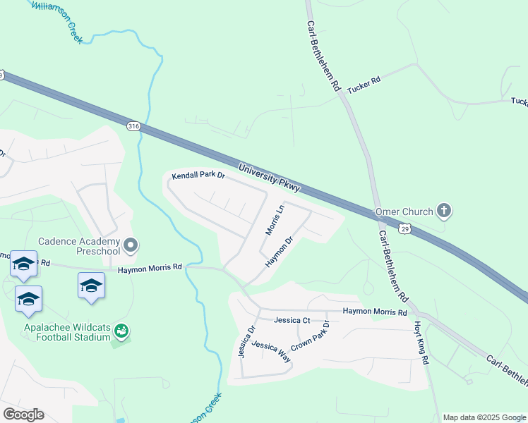 map of restaurants, bars, coffee shops, grocery stores, and more near 831 Kendall Park Drive in Winder