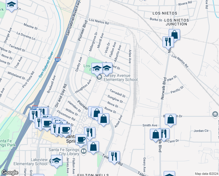 map of restaurants, bars, coffee shops, grocery stores, and more near 11609 Terradell Street in Santa Fe Springs