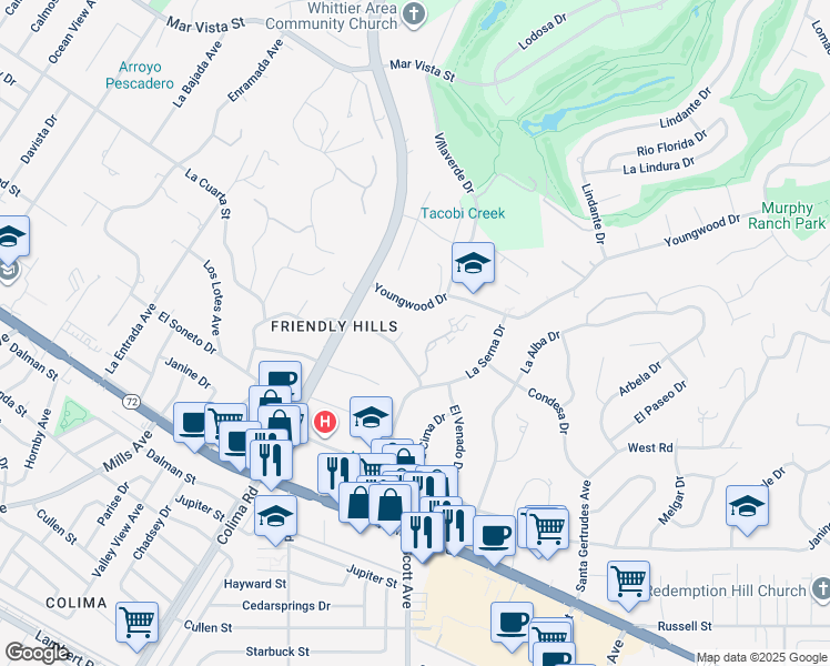 map of restaurants, bars, coffee shops, grocery stores, and more near 15280 Youngwood Drive in Whittier