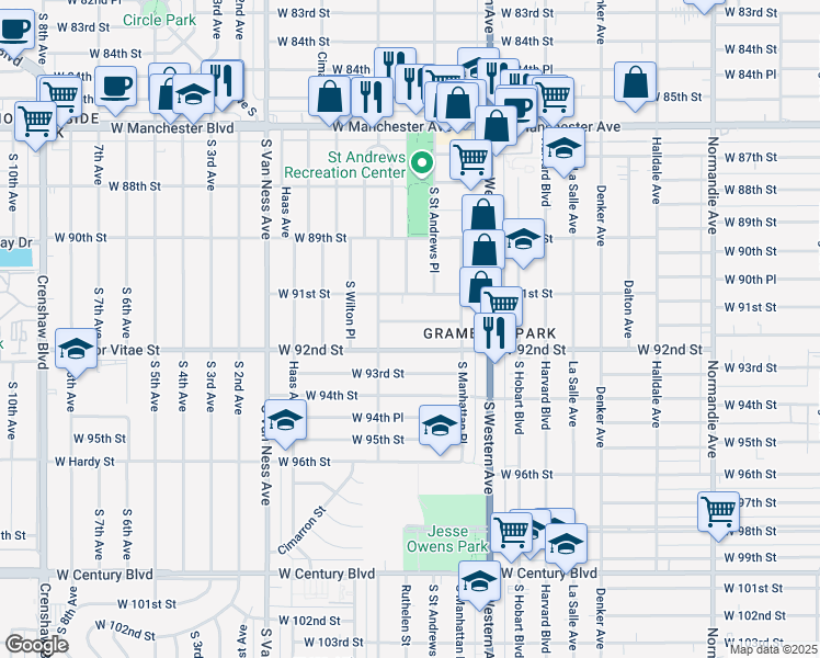 map of restaurants, bars, coffee shops, grocery stores, and more near 1939 West 91st Place in Los Angeles