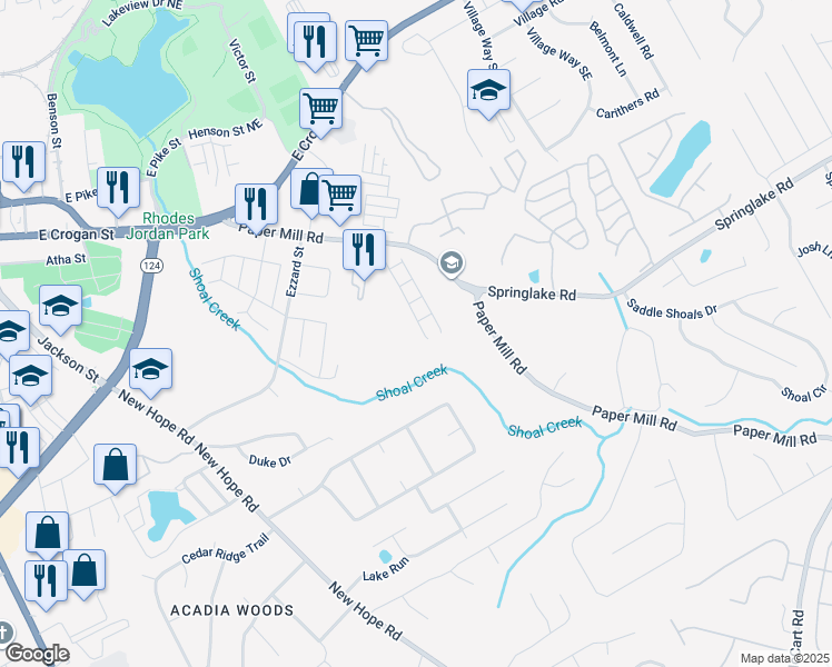map of restaurants, bars, coffee shops, grocery stores, and more near 251 Green Bridge Court Southeast in Lawrenceville