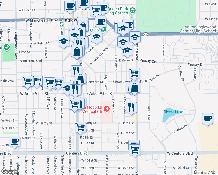 map of restaurants, bars, coffee shops, grocery stores, and more near 400 East Buckthorn Street in Inglewood