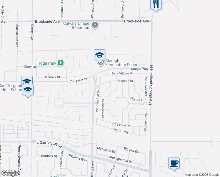 map of restaurants, bars, coffee shops, grocery stores, and more near 1560 Townswood Court in Beaumont