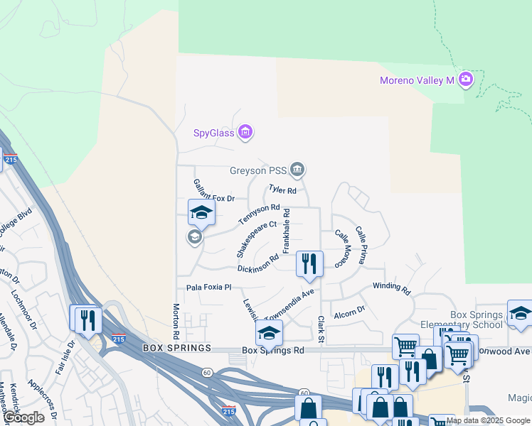 map of restaurants, bars, coffee shops, grocery stores, and more near 21329 Tennyson Road in Moreno Valley