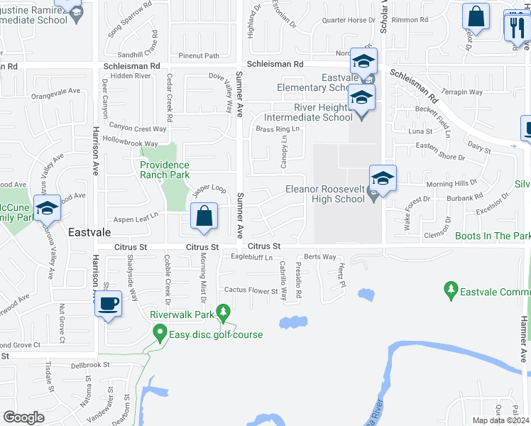 map of restaurants, bars, coffee shops, grocery stores, and more near 13334 Babbling Brook Way in Corona