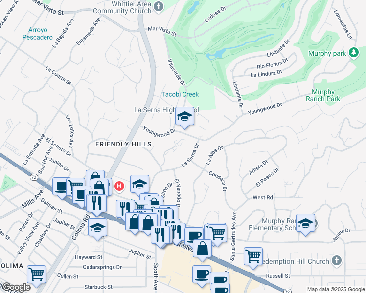 map of restaurants, bars, coffee shops, grocery stores, and more near 9416 Friendly Woods Lane in Whittier