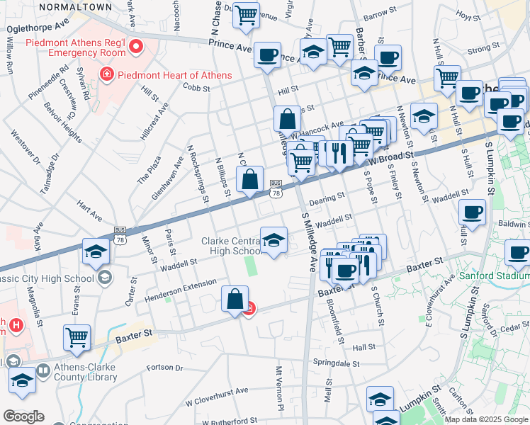 map of restaurants, bars, coffee shops, grocery stores, and more near 550 Dearing Street in Athens