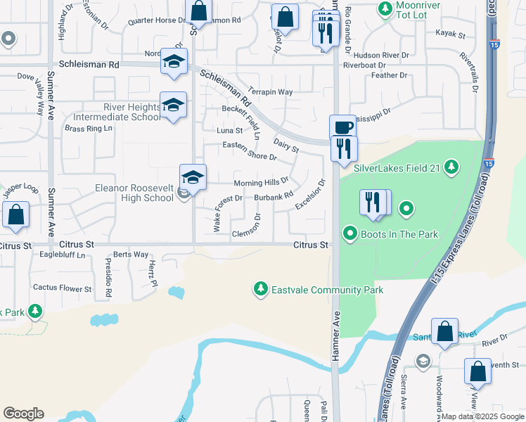 map of restaurants, bars, coffee shops, grocery stores, and more near 12787 Clemson Drive in Corona