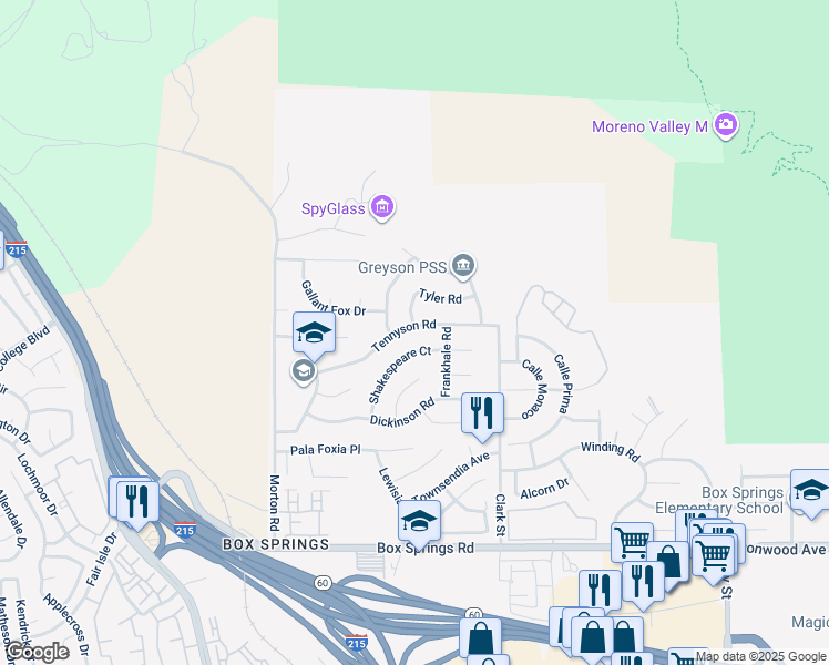 map of restaurants, bars, coffee shops, grocery stores, and more near 21329 Tennyson Road in Moreno Valley