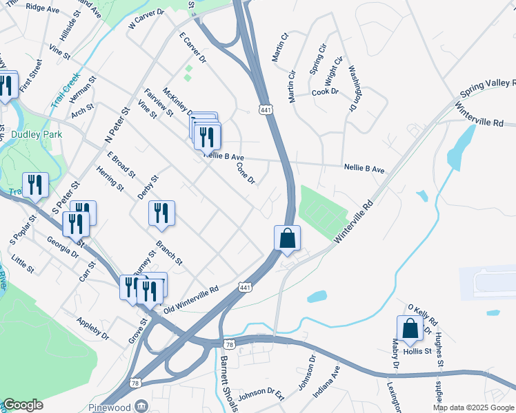 map of restaurants, bars, coffee shops, grocery stores, and more near 695 Vine Street in Athens