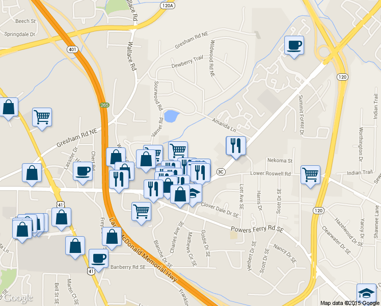 map of restaurants, bars, coffee shops, grocery stores, and more near 1523 Roswell Road in Marietta