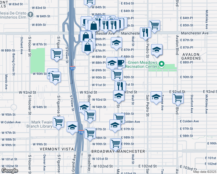 map of restaurants, bars, coffee shops, grocery stores, and more near 129 West 91st Street in Los Angeles