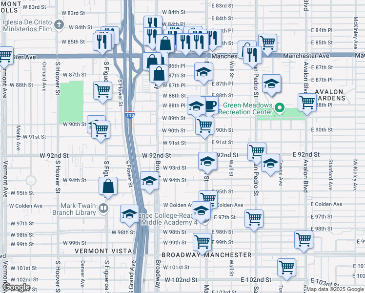 map of restaurants, bars, coffee shops, grocery stores, and more near 158 West 91st Street in Los Angeles