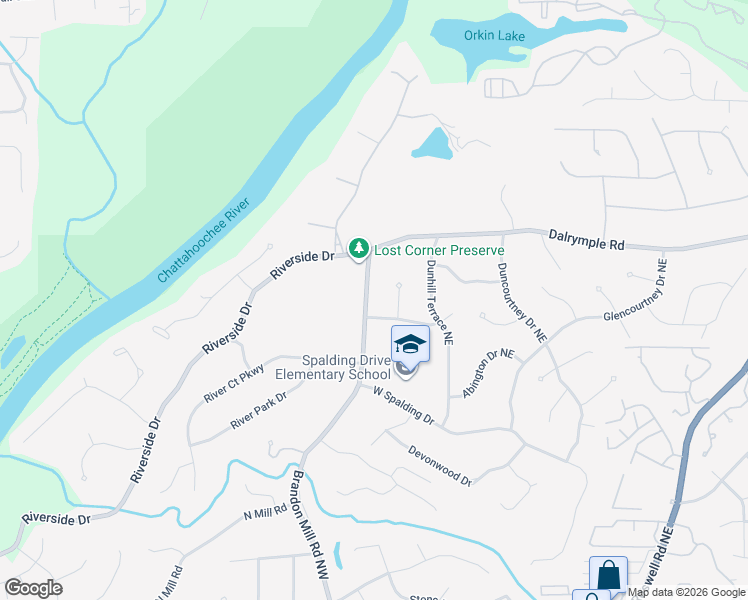 map of restaurants, bars, coffee shops, grocery stores, and more near 7345 Brandon Mill Road Northwest in Atlanta