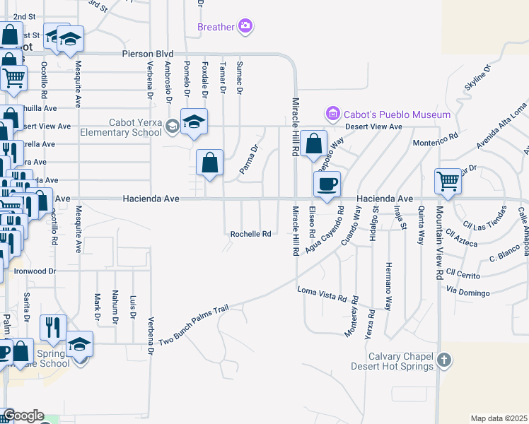 map of restaurants, bars, coffee shops, grocery stores, and more near 13066 Casa Loma Road in Desert Hot Springs