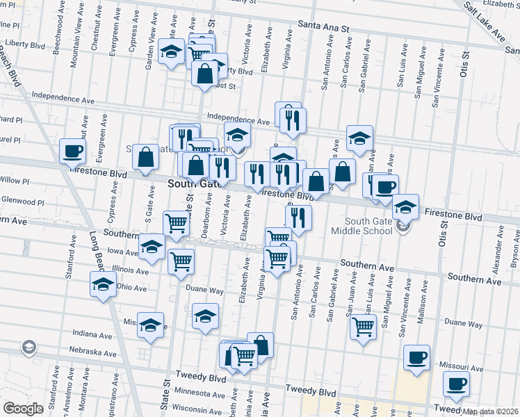 map of restaurants, bars, coffee shops, grocery stores, and more near 8912 Virginia Avenue in South Gate