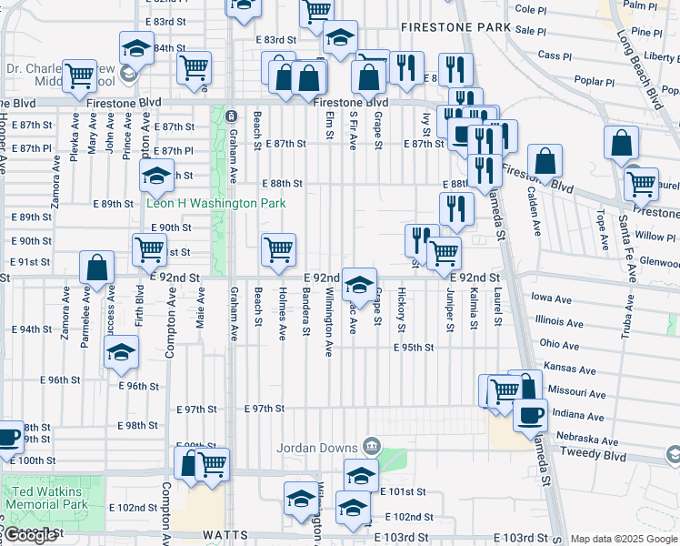 map of restaurants, bars, coffee shops, grocery stores, and more near 9103 South Fir Avenue in Los Angeles