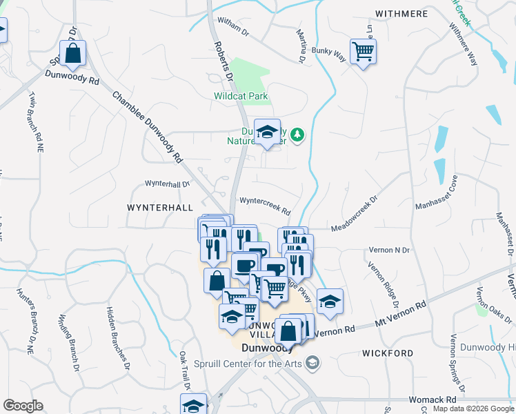 map of restaurants, bars, coffee shops, grocery stores, and more near 1344 Wyntercreek Road in Dunwoody
