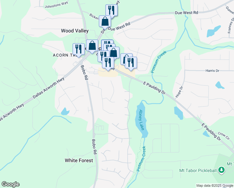 map of restaurants, bars, coffee shops, grocery stores, and more near 104 Acorn Drive in Dallas