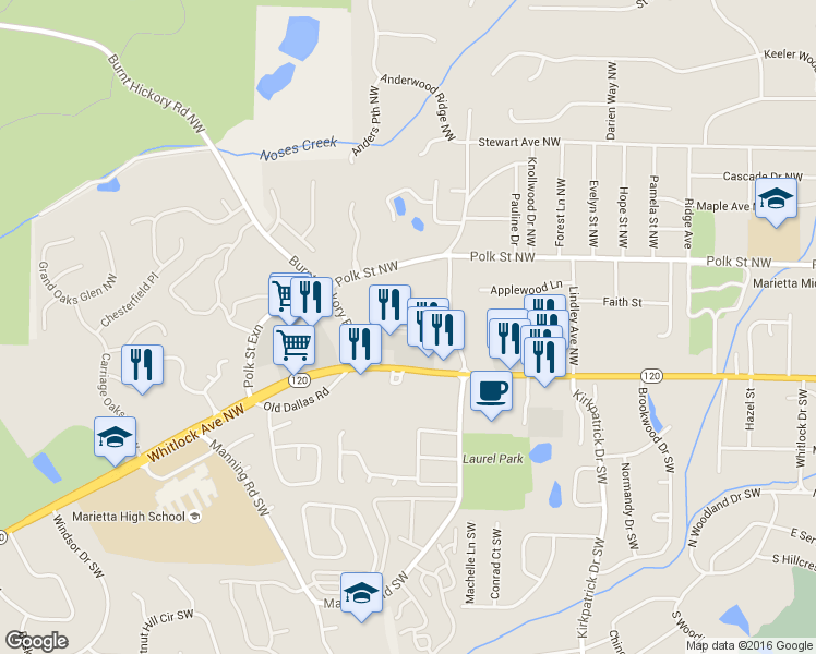 map of restaurants, bars, coffee shops, grocery stores, and more near 843 Mountain View Terrace NW in Marietta