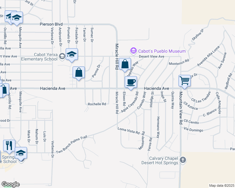 map of restaurants, bars, coffee shops, grocery stores, and more near Miracle Hill Road in Desert Hot Springs