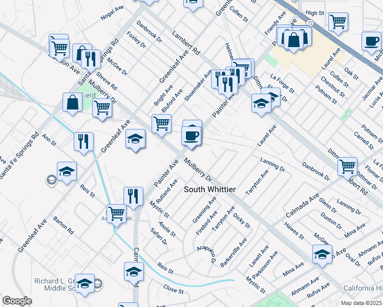 map of restaurants, bars, coffee shops, grocery stores, and more near 9135 Painter Avenue in Whittier