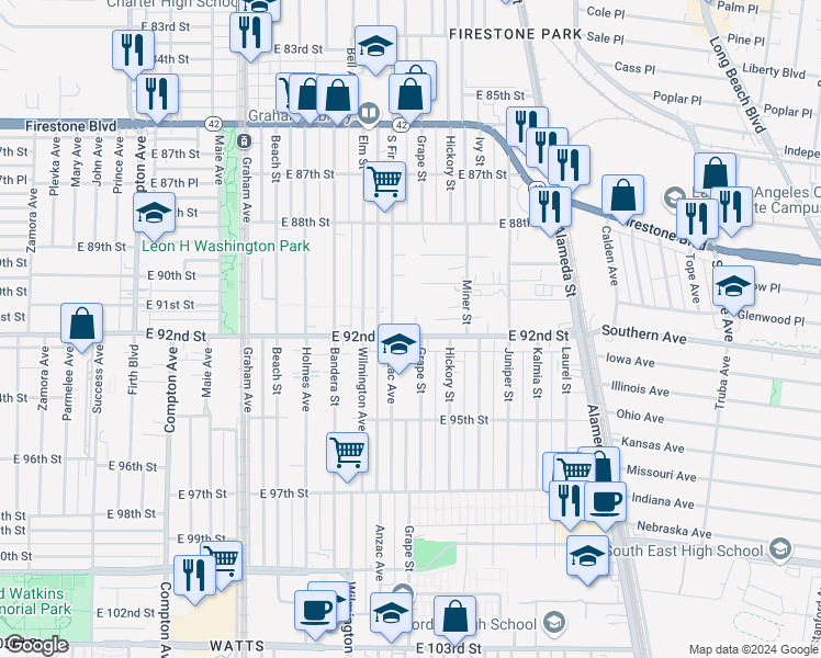 map of restaurants, bars, coffee shops, grocery stores, and more near 1967 East 92nd Street in Los Angeles