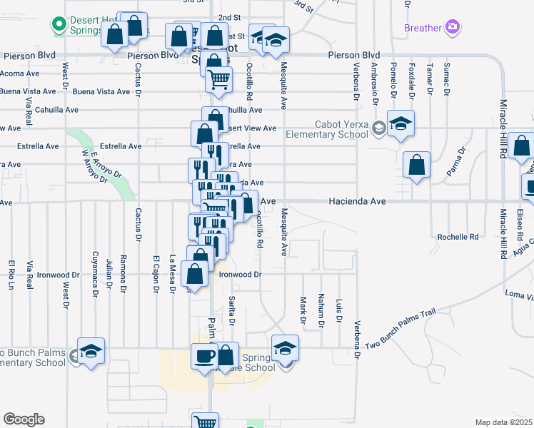 map of restaurants, bars, coffee shops, grocery stores, and more near 66725 Hacienda Avenue in Desert Hot Springs
