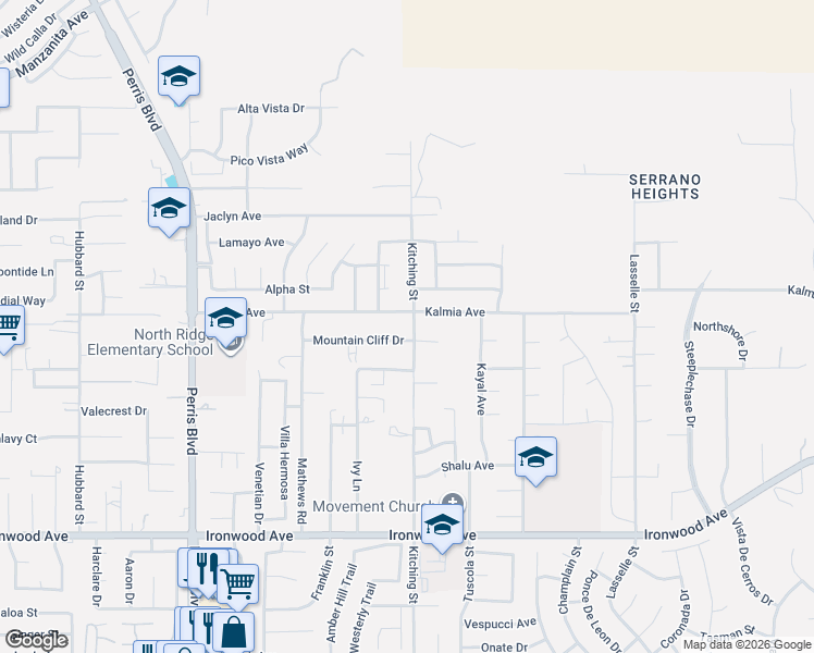 map of restaurants, bars, coffee shops, grocery stores, and more near 25512 Kalmia Avenue in Moreno Valley