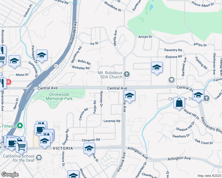 map of restaurants, bars, coffee shops, grocery stores, and more near 5404 Apricot Lane in Riverside