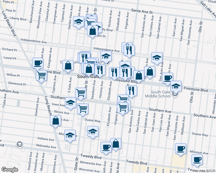 map of restaurants, bars, coffee shops, grocery stores, and more near 8915 Elizabeth Avenue in South Gate