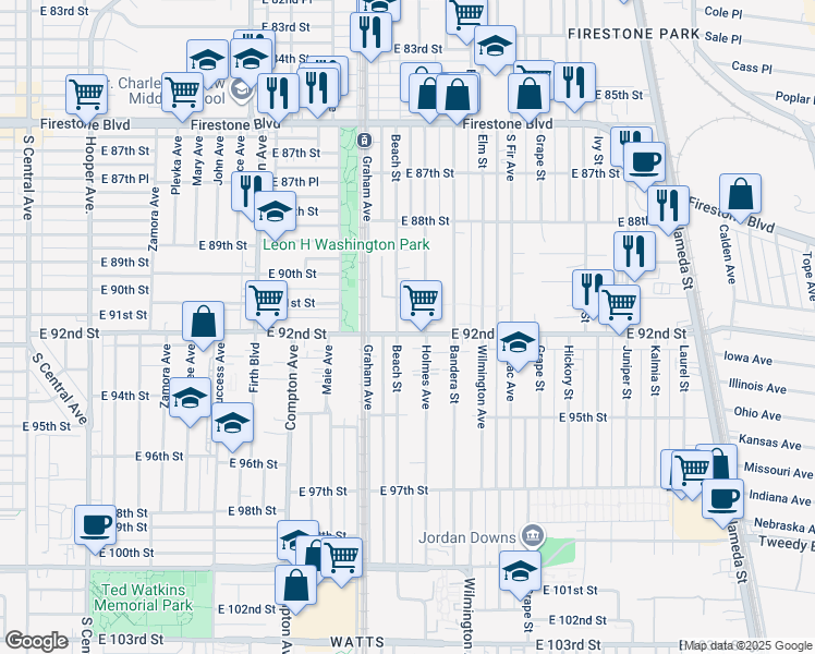 map of restaurants, bars, coffee shops, grocery stores, and more near 9108 Beach Street in Los Angeles