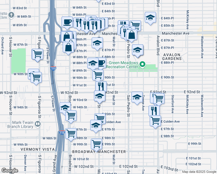 map of restaurants, bars, coffee shops, grocery stores, and more near 151 East 91st Street in Los Angeles