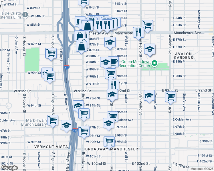 map of restaurants, bars, coffee shops, grocery stores, and more near 129 West 91st Street in Los Angeles
